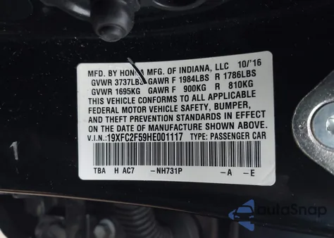 2017 Honda Civic Lx from USA, damaged, VIN 19XFC2F59HE001117